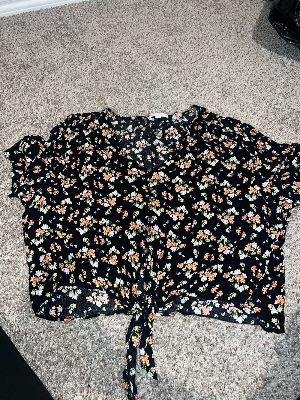 Ultra Flirt Black Floral Tie-Front Crop Top with Orange & Cream Flowers